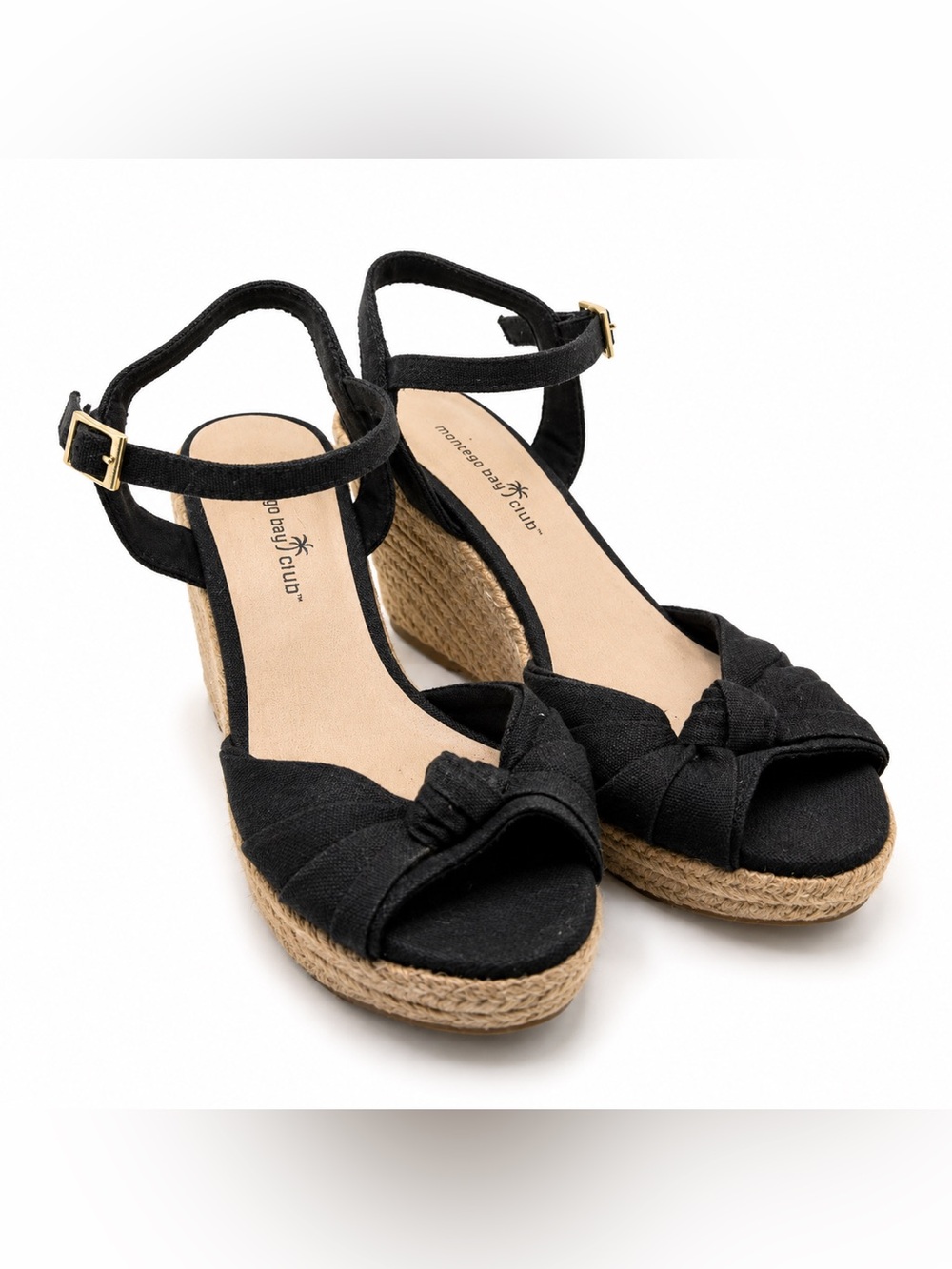 Montego Bay Club Womens 9 Black Espadrille Wedge Sandals Ankle Strap Bow